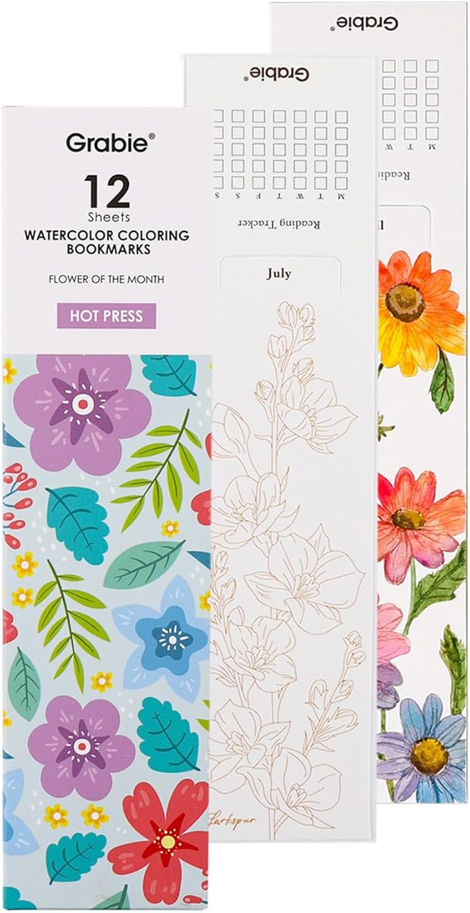 Grabie Watercolor Bookmarks Kit, 12 Monthly Paintable Bookmarks for Kids Women Men, Reading Tracker for Book Lovers, Teachers, Students, Coloring Book, Pocket Watercolor Painting Book