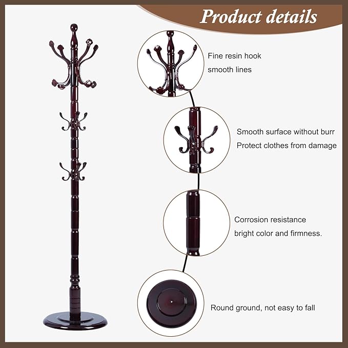 Wooden Coat Rack Freestanding, Vintage Coat Racks with Sturdy Round Base, Adjustable Height 37.40"-72.83" Entrance Coat Rack for Bedroom Living Room Entryway (Rosewood Ruyi Hook)