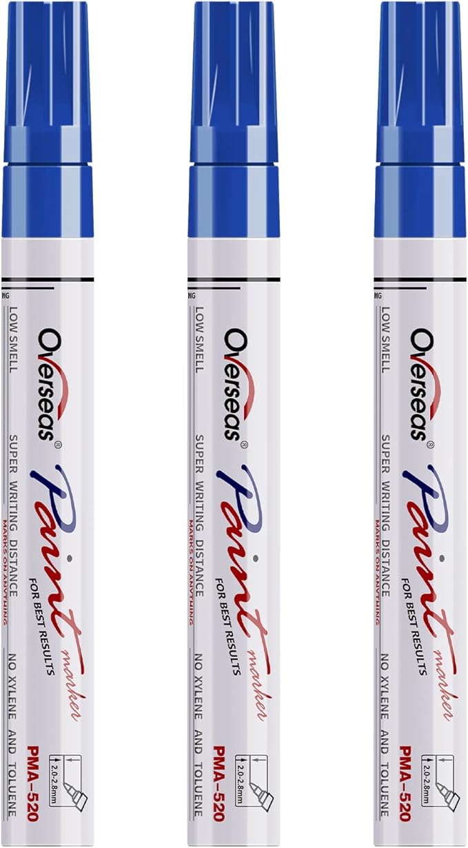 Overseas Permanent Paint Markers Pens - 3 Pack Blue Oil Based Paint Pens, Medium Tip, Quick Drying and Waterproof Marker Pen for Metal, Rock, Wood, Fabric, Plastic, Canvas, Mugs, Stone, Glass