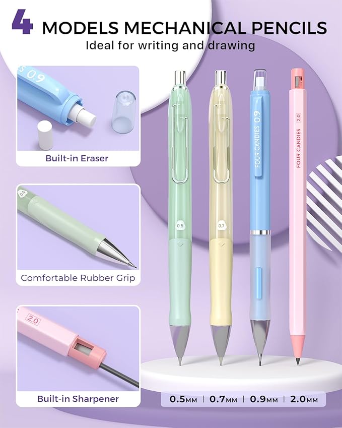 Four Candies 42PCS Aesthetic School Supplies, Mechanical Pencil Set 0.5mm, 0.7mm, 0.9mm, 2.0mm with 696 Lead Refills, Pastel Mechanical Pencils for Writing, Drawing & Drafting (Cream)