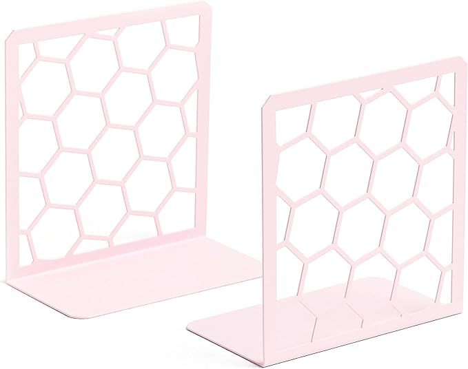 GEOMOD Geometric Honeycomb Pink Metal Bookends Decorative - Tall Sturdy Book Ends for Shelves - Modern Heavy Duty Bookend Stopper - Office or Home Book Shelf Book Holder - 6x3.25x6.25 Inches - 1 Pair