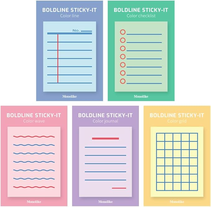 Monolike Color Boldline Sticky-It - 5p Set Self-Adhesive Memo Pad 50 Sheets