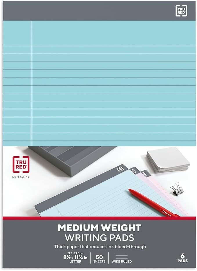 TRU RED Staples TR57363 Notepads, 8.5-Inch x 11.75-Inch, Wide Ruled, Pastels, 50 Sheets/Pad