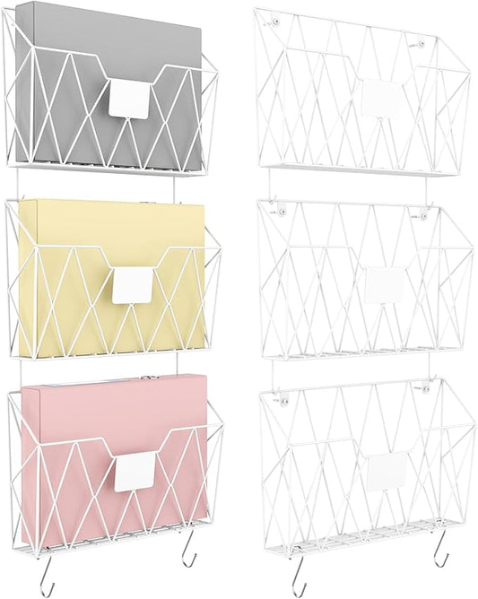 YBING Wall File Organizer White 6 Pack Mesh Hanging File Holder Organizer Metal Wire Mail Organizer Wall Mounted Office Papers Holder Hanging File Folders With Hooks