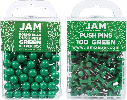 JAM PAPER Colorful Push Pins - Flat & Round Head Thumb Tack Combo Set - Green Pushpins - 200/Pack