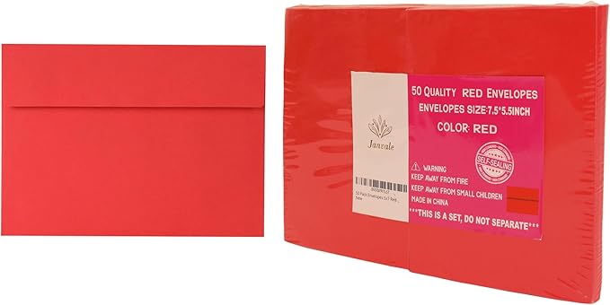 Red Envelopes 5x7 Inch, 50 Pack, Self Seal A7 Envelopes for Valentine, Invitations, Wedding, Birthday, Personalize Gift, Postcard, suitable for 5x7 Greeting Cards, 120gsm Thick Paper