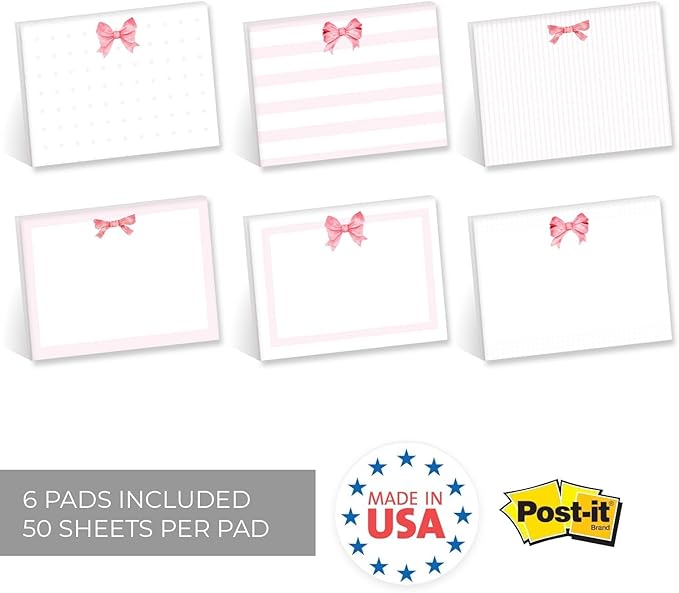 Pink Bow Sticky Note Assortment / 4" x 3" Trendy Repositionable Sticky Notes/Set of 6 Adorable Note Pads/Made in The USA