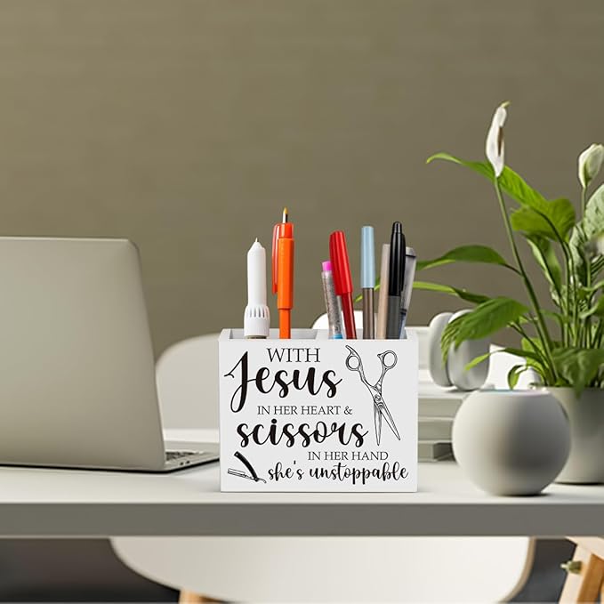 Hairstylist Gifts, Hairdresser Gift for Women Men Friend Employee Rustic with Jesus in Her Heart and Scissors in Her Hand Wooden Box Holder Home Hair Salon Barbershop Decor