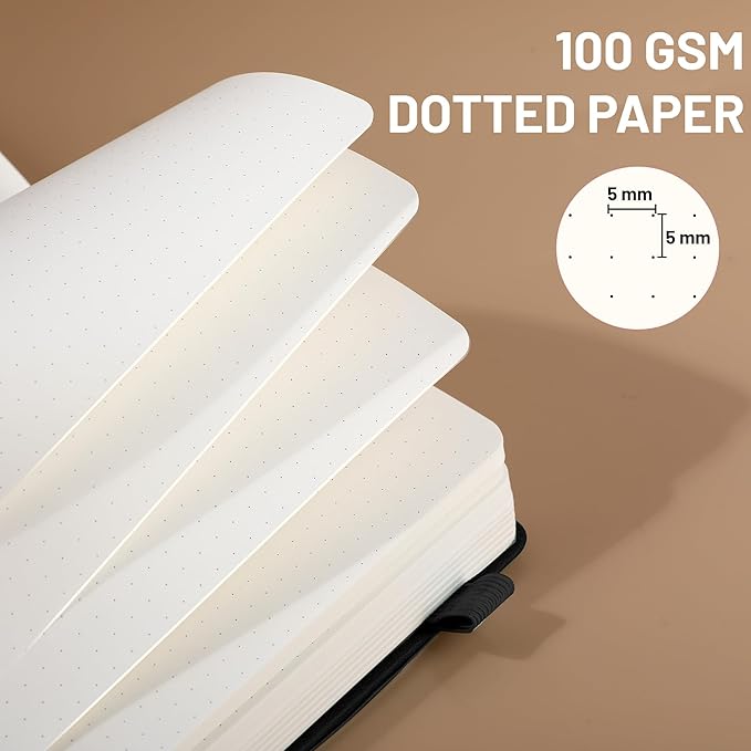 CAGIE Bullet Dotted Journal Notebook 320 Pages 100 GSM Paper Hardcover B5 Dot Grid Notebook Leather Journals for Writing Women Men Work Journaling, Black