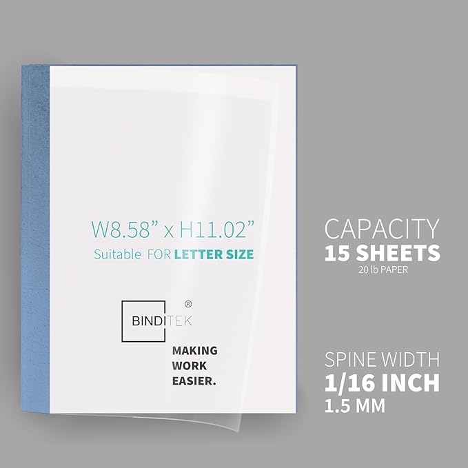 Binditek 10 Pack Thermal Binding Presentation Covers, 1/16 Inch Spine, Holds 15 Sheets, Ultra Clear Front Cover, Blue Paper Back Cover, Letter Size, for Students and Coworkers