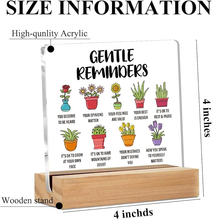 Gentle Reminders Acrylic Sign Decor, Positive Affirmations Desktop Art Decorations for Home Therapy Office, Cute Potted Plants Acrylic Plaque, Shelf Cubicle Decor for Therapy Desktop Art Decoration