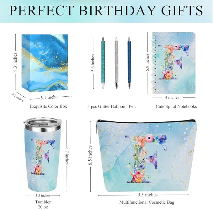 Personalized Gifts Monogrammed Birthday Gifts for Women, Aunt Grandma Retirement Christmas Initial 20 oz Tumbler, Makeup Bag Cup Ballpoint Pens Journal Notebook 6 Set, (Aesthetic Blue Flower F)