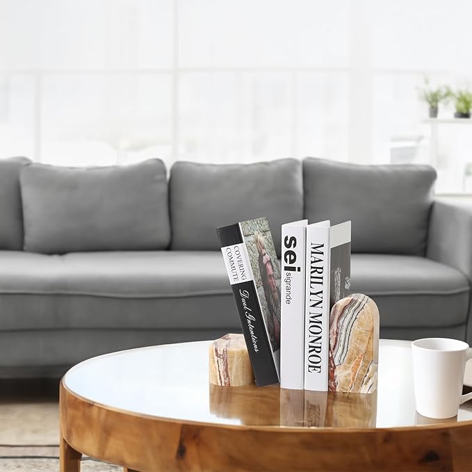 Koville Mexican Natural Marble Bookends for Shelves, Decorative Book Ends, 7lbs Heavy-Duty Marble Book Holders, Bookshelf Apartment Decor for Normal Books/CD/Video Games(Mexico Onyx)