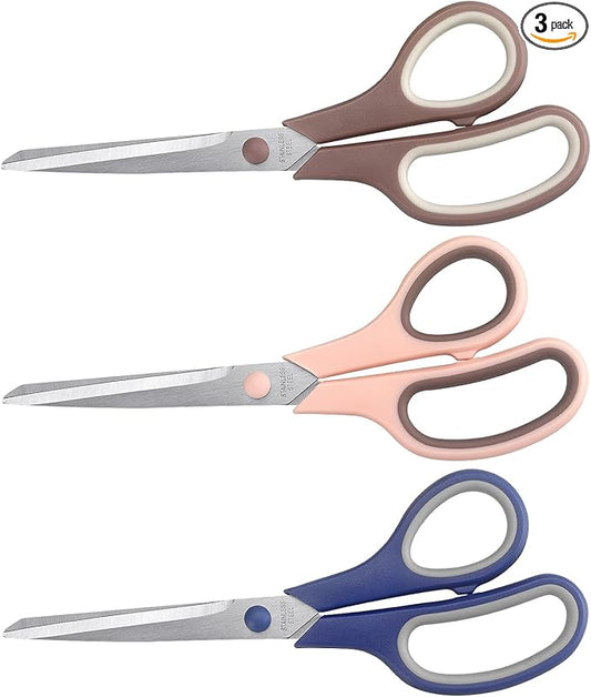 Scissors 8.5 Inch scissors all purpose Bulk Set of 3, Scissors for Office Home School Craft Supplies, Soft Comfort-Grip Right/Left Hand, Navy Blue, Pink, Brown