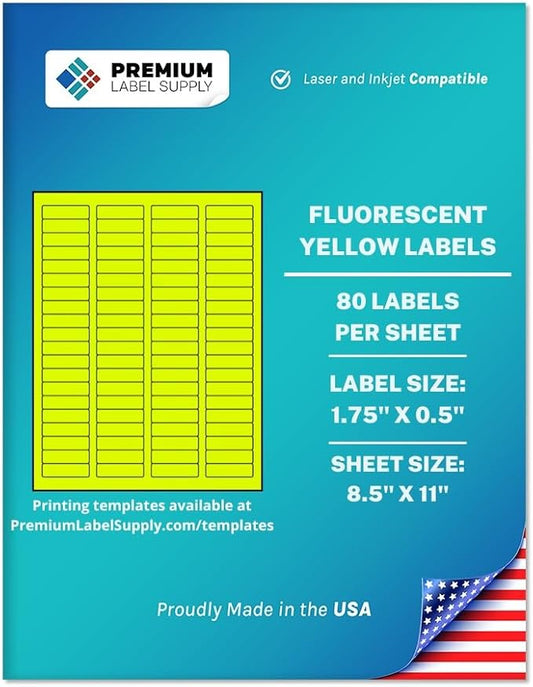 Premium Label Supply Bright Neon Color Fluorescent Sticker Labels - 1.75" x 0.5" Return Address Labels - (Fluorescent Yellow, 80,000 Labels)