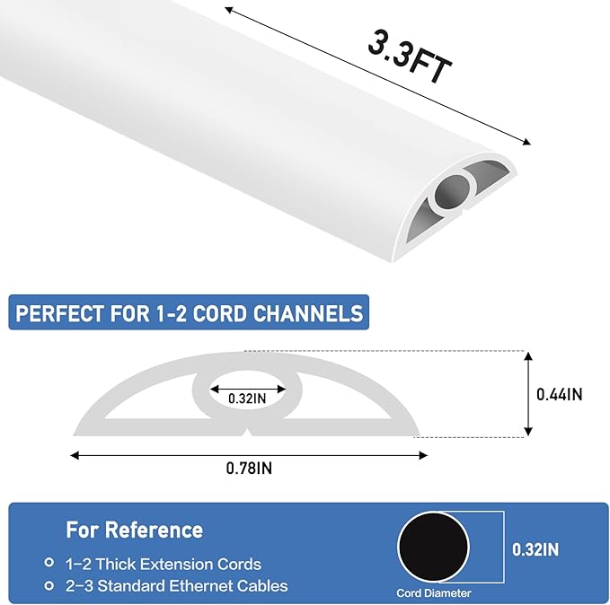 Floor Cord Cover Self Adhesive Cord Hider Floor Extension Cord Covers for Floor Power Cord Protector Cable Management Prevent Cable Trips Cable Cavity 0.32" W x 0.32" H (White, 3.3Ft)