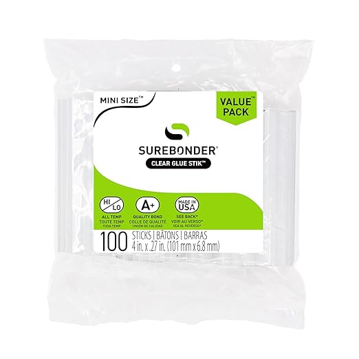 Surebonder DT-100 Mini Size Hot Glue Sticks for Mini Glue Guns 0.27 in. Diameter, 4 in. Length - All Purpose, All Temperature - Great for DIY, Arts, and Crafting - 100 Pack, Clear