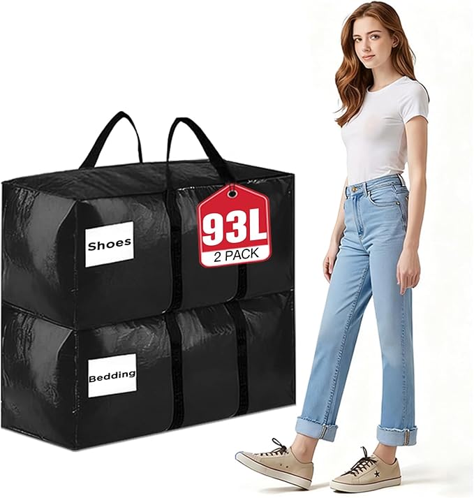 Extra Large Moving Bags Heavy Duty Storage Bags with Zipper Handles, BETU 2 Pack Clothes Storage Totes Bins Packing Moving Boxes, Moving Supplies for College Dorm Essentials, Space Saving, Black