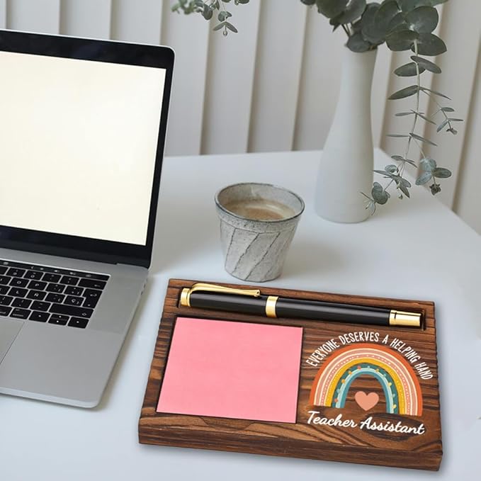 llxxeyopqdxz Teacher Assistant Sticky Note Holder, Sticky Note Dispensers, Self-Stick Note Pad Holders, Vintage Wooden Design with Pen Holder and Inspirational Gift Feature, 3x5 inches, Brown