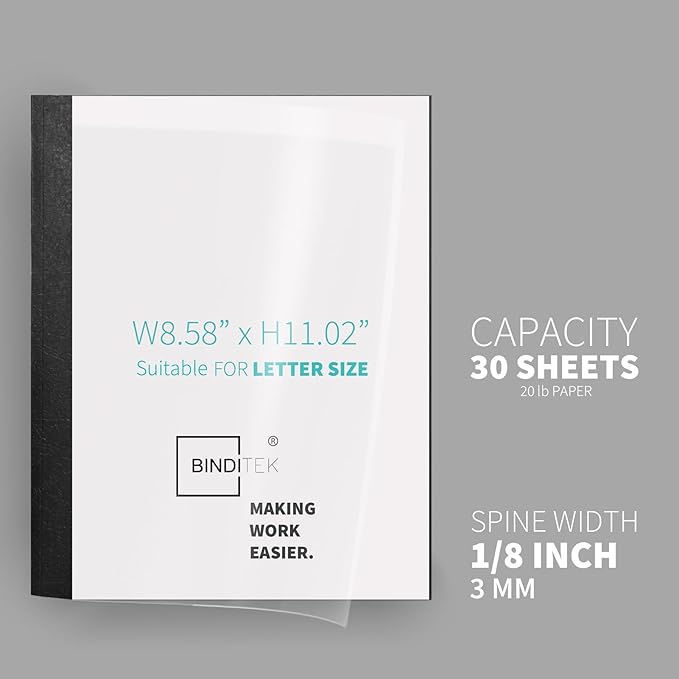 Binditek 10 Pack Thermal Binding Presentation Covers, 1/8 Inch Spine, Holds 30 Sheets, Ultra Clear Front Cover, Black Paper Back Cover, Letter Size, for Students and Coworkers