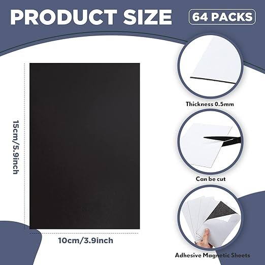 Macarrie 4 x 6 Adhesive Magnetic Sheets with Adhesive Backing Cuttable Magnetic Paper Stickers Flexible Peel and Stick for Picture Crafts Die Storage Photos(64 Pcs)