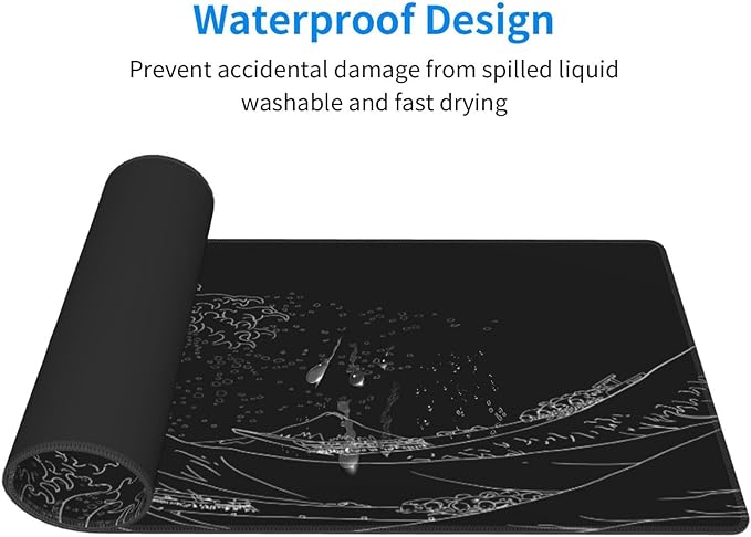 Japanese Sea Wave Large Mouse Pad, Anime Black Gaming, Extended Kanagawa Mat Desk Pad, 3mm Thick Long Non-Slip Rubber Base Mice Pad, 31.5 X 11.8 Inch
