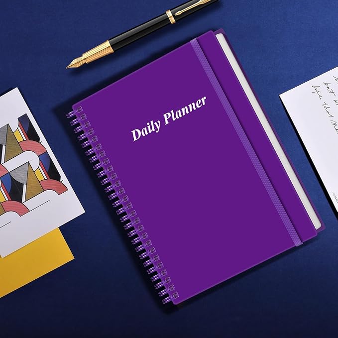 Daily Planner Undated - B5 To Do List Notebook Hourly Schedules, Spiral Appointment Planner for Women and Men, PVC Hardcover, Inner Pocket, Elastic Closure, 7" x 10", Purple