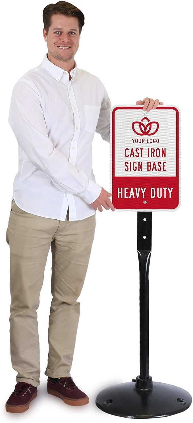 SmartSign Heavy Duty Cast Iron Sign Post and Base Kit 14” Od Stand With 4’ Post and Bolts & Nuts for Hanging Signs, Portable Sign Holder for Parking and Recreational