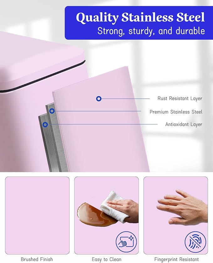 Rubbish Bin with Lid, 10 L, Stainless Steel Bathroom Waste Bin, Small Waste Bin, Pedal Bin, Stainless Steel for Bathroom, Bedroom and Office, Pink