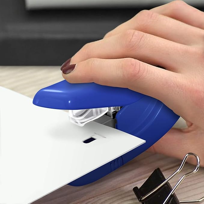 PLUS Paper Clinch Compact Staple-Free Stapler – Fastens up to 5 Sheets, No Staples Needed, Eco-Friendly, Safe for Kids, Blue