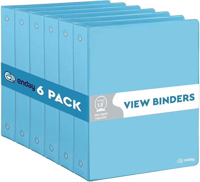 3 Ring Binder Blue, 1.5 Inch Clear View Cover with 2 Inside Pockets Binder, Colored School Supplies 1 ½ Inch Round Ring Binders, Also Available in Red, Pink, Purple, Green, and Grey (6 PC) – by Enday