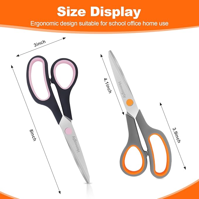 Scissors for Office School Supplies, Hnncugty 8" Scissors All Purpose Bulk Set of 24-Pack, Sharp Shears for Home Craft Sewing Fabric, Middle School Student Teacher Supplies, Comfort Right/Left Handed