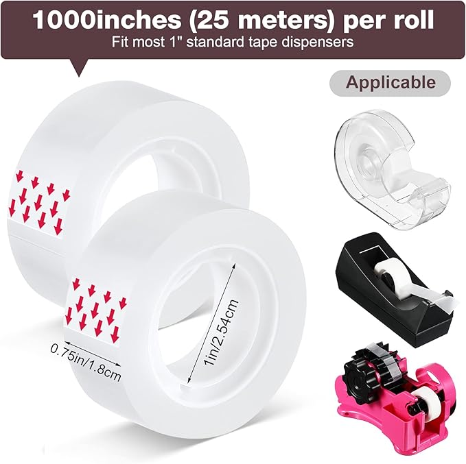 Pasimy 96 Rolls Clear Tape Bulk Strong Sticky Transparent Tape Refills for Dispenser, Office, Home, School, Wall, Carpet, 3/4 x 1000 Inches(Red)