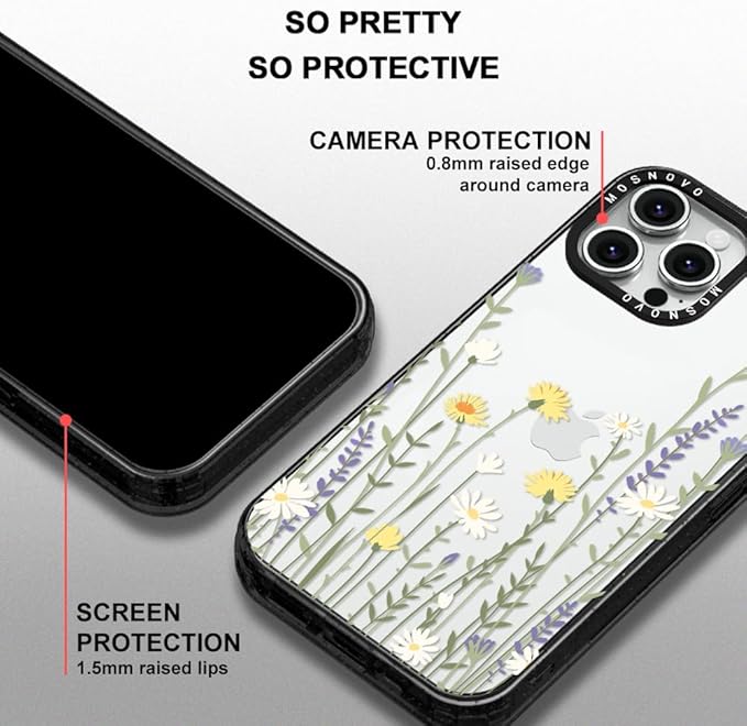 MOSNOVO Case for iPhone 13 Pro Max, [10ft 4X Military-Grade Drop Protection] Durable & Shockproof Phone Case Cover Design for iPhone 13 Pro Max - Wild Meadow - Clear Black