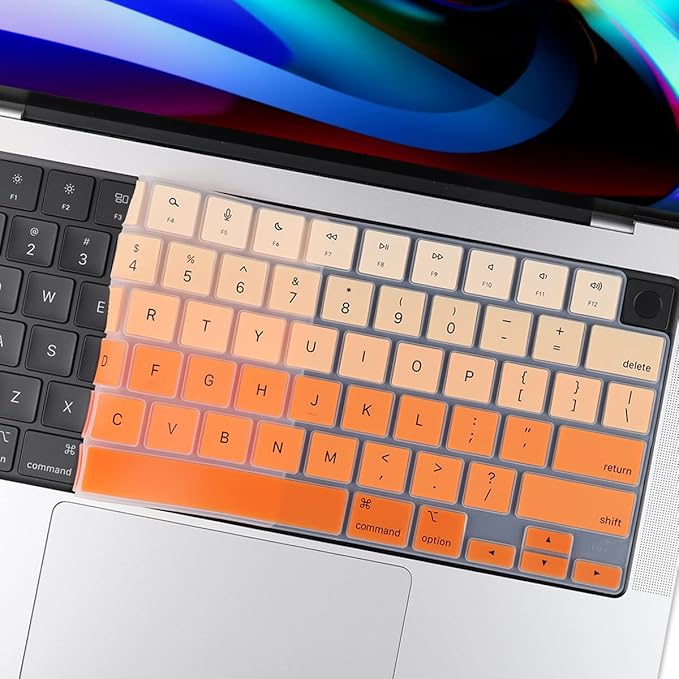 Batianda Premium Gradient Color Keyboard Cover for New MacBook Pro 14'' Pro 16'' 2024 2023 M4 M3 M2 M1 Pro/Max Chip & New MacBook Air 13 15 inch Soft-Touch Silicone Protective Skin,Gradient Orange
