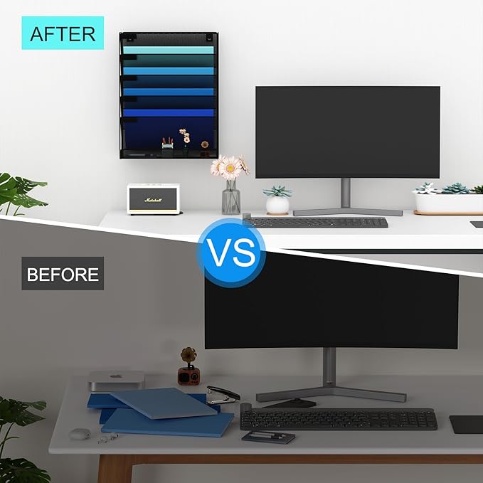 Wall File Organizer Holder Mesh Hanging Paper Document Holder,Vertical 6 Pocket Tier for Office Home, Black