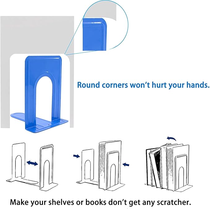 Metal Book Ends for Office Home, Book Shelf Holder Home Decorative, Book Ends for Heavy Books/Movies/CDs, Blue 6.5 x 5 x 5.7 in, 4 Pair/ 8 Piece