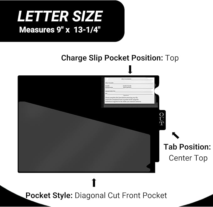 Doctor Stuff - Center Tab Vinyl Outguides, Diagonal Cut Front Pocket, Top Charge Out Slip Pocket, Plastic File Folder, Letter Size 9" x 13-1/4", Black, 25/Box