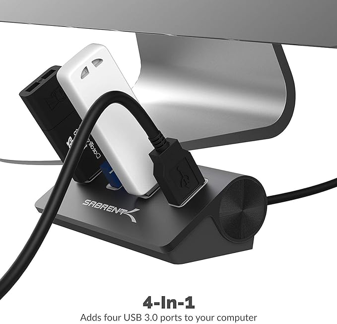 SABRENT 4-Port USB 3.0 Hub - Aluminum Design, Portable Data Hub with 2.5ft Cable for iMac, MacBook, PC - Black (HB-MC3B)