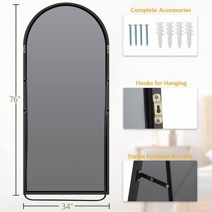 MELOMOIR 76"x34" Large Mirror Full Length, Arched Full Length Mirror with Stand, Large Floor Mirror Free Standing Mirror Full Length for Bedroom, Hanging Standing or Leaning Full Body Mirror, Black