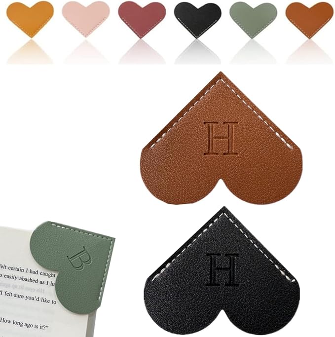 Personalized Leather Heart Bookmark, 26 Letters Customized Corner Book Mark for Reading Women, Book Marker with Initials，Cute Gifts (Black+Dark Brown, H)