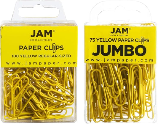 JAM PAPER Combo Pack Colorful Paper Clips - Standard & Jumbo - Yellow Paperclips - 1 Pack of 100 & 1 Pack of 75