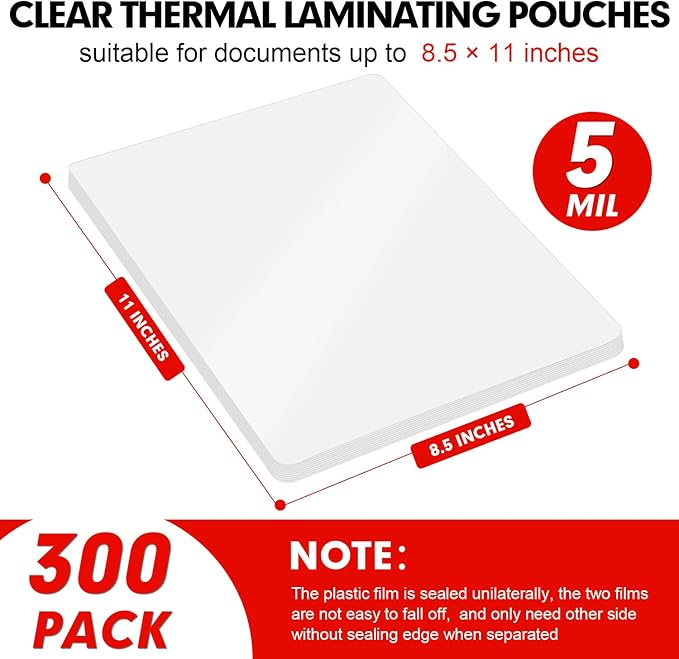 Laminating Sheets, 300 Pack Clear Thermal Laminating Plastic Paper Laminator Sheets, 9 x 11.5-Inch, 5mil, Ideal Office or School Supplies