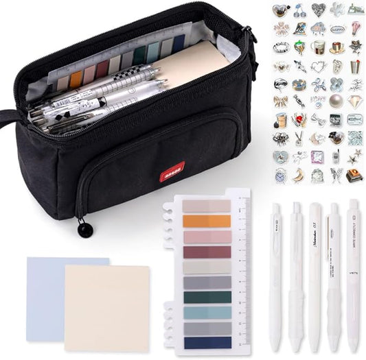 HVOMO Stationery Set,1 large-capacity pencil case,5 quick-drying pens,50 waterproof stickers,2 sticky note pads(200 sheets),1 set of 10-color index labels (200 sheets),Student stationery gift (Black)