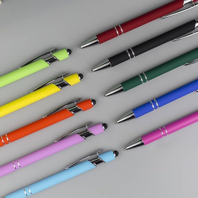 10-Pack Ballpoint Pens with Stylus Tip, Black Ink, 1.0mm Medium Point, Matte Metal Barrel, Assorted Colors – Soft Touch Grip for Office, School