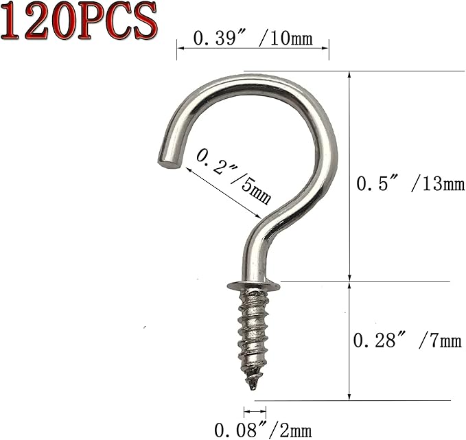 120 Pcs 1/2 Inch Screw-in Hooks Nickel Plated Metal Cup Hooks, Ceiling Hooks Silver