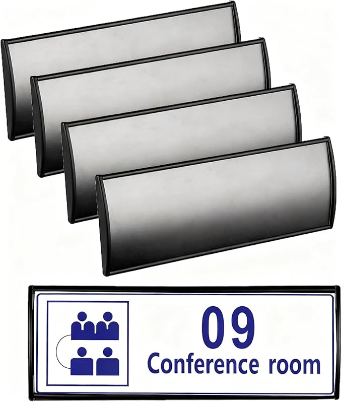 5Pcs Office Name Plates Holder for Doors, 3” X 8” Curved Wall Mount Door Sign Holder, Black Aluminum Sign Holder for Office Wall with Plastic Film and Adhesive Tape