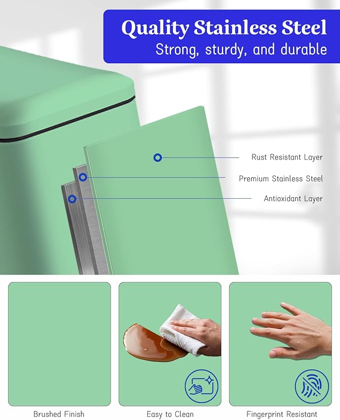 Rubbish Bin with Lid, 10 L, Stainless Steel Bathroom Waste Bin, Small Waste Bin, Pedal Bin, Stainless Steel for Bathroom, Bedroom and Office, Green