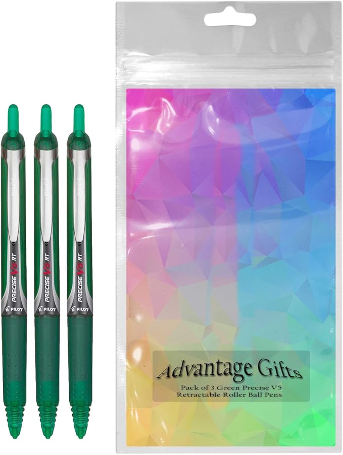 Precise V5 RT Retractable Rolling Ball Pens, Extra Fine Point (.5mm), Green Ink, 3-pk; Premium Comfort Grip, Bundle with Plastic Reusable Pouch
