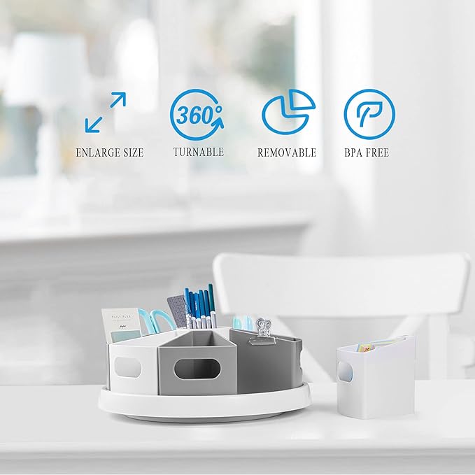 MeCids 360 Rotating Storage Organizer Desk Organizers Pen Holder– 12” Lazy Susan Style Caddy with Removable Bins, for Home Office Supplies, Art Supplies, Make-up & Kitchen Use, with Card & Gift Box